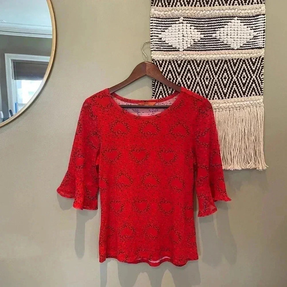 MODCLOTH ROMANTIC BELL SLEEVE HEART RED TOP M - Picture 7 of 8